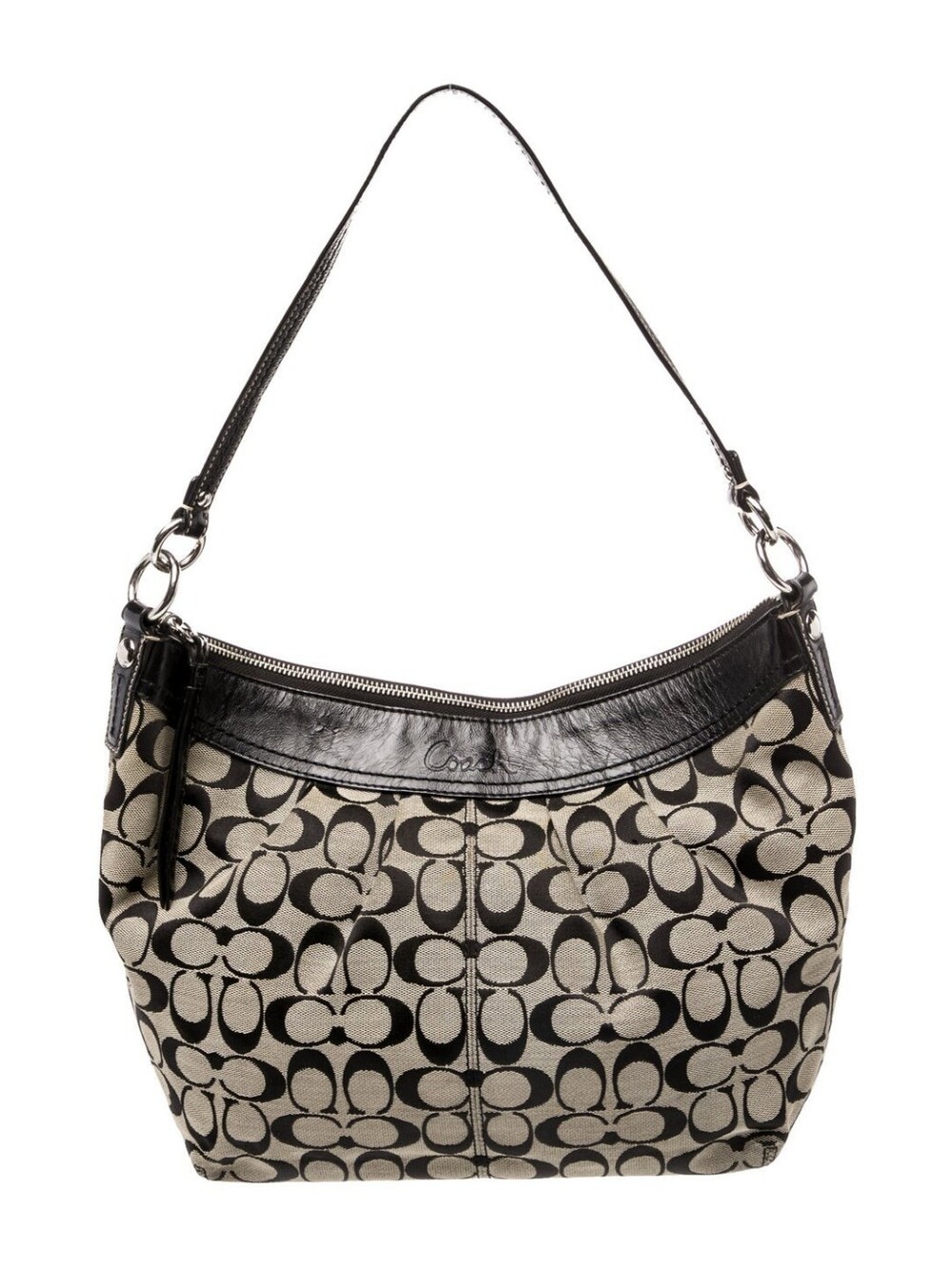 Coach Black Grey Signature Canvas With Patent Leather Hobo Shoulder Bag